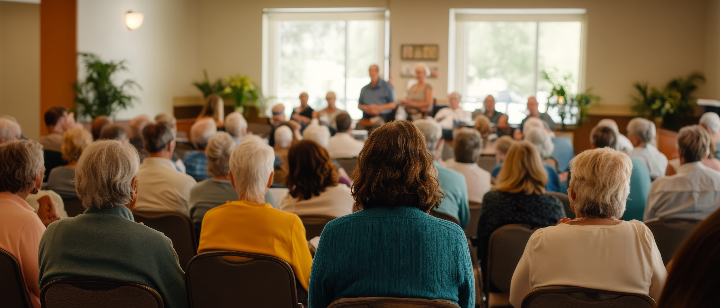 A town hall meeting about retirement savings and social security with seniors in attendance emphasizing public policy impacts