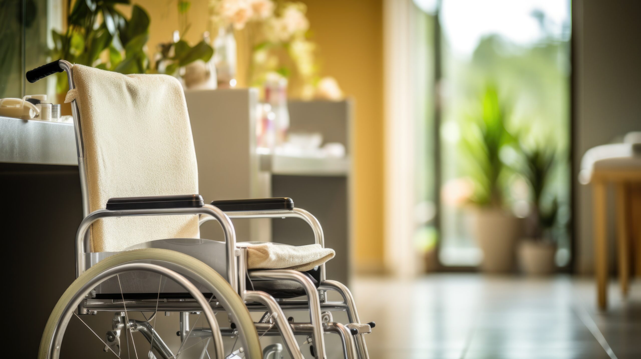 An empty wheelchair in a waiting room